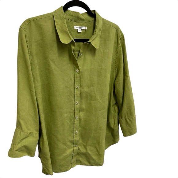 Chico’s 100% linen green button down blouse with mother of pearl buttons Size 18 - Picture 6 of 10
